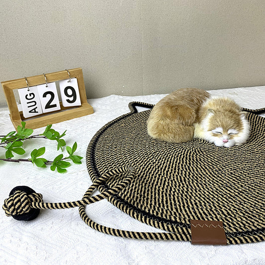 Brown/Beige Cat Scratching Mat with Attached Toy Ball