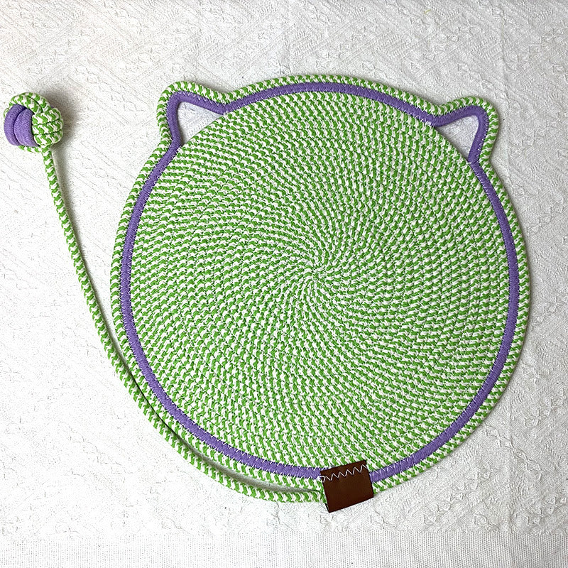 Green Cat Scratching Mat with Attached Toy Ball